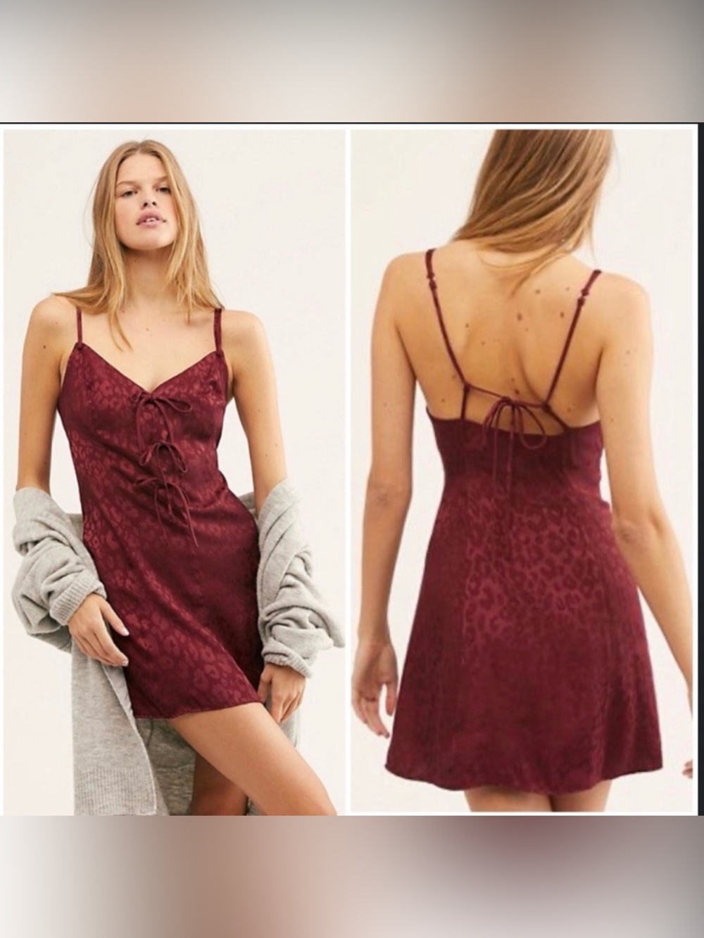 Free People Burgundy Jacquard Lace-Up Slip Dress